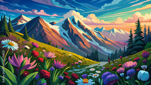 Very beautiful blooming wildflowers covering a mountain slope beneath a dramatic sky, vector-style illustration emphasizing vibrant colors, natural textures, and the majestic, serene atmosphere of alp