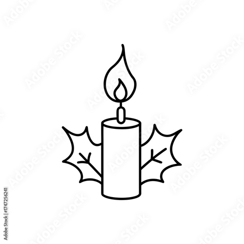 Burning candle with holly leaf