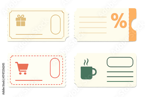 Vector set of coupon templates. Gift card and voucher for shopping, food, and drinks. Promo code ticket for business marketing, sales, and special offers. Discount element.