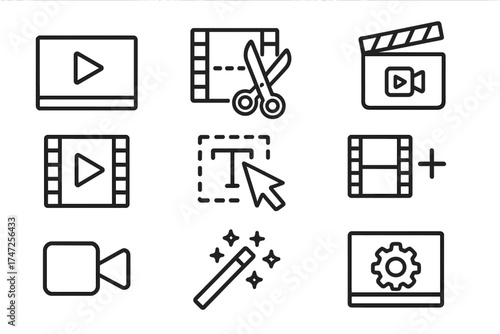 Video editing line icon set for web and mobile apps. Vector symbols for video production UI design, including player, trim, clapperboard, filmstrip, text tool, and effects.