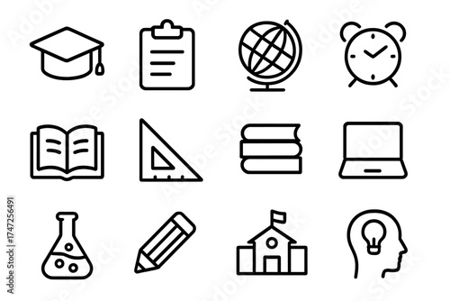 Education vector line icon set. School, university, learning symbols. Includes graduation cap, book, globe, laptop, science flask. E-learning, knowledge, study outline icons.