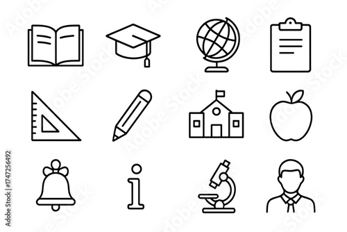 Education line icon set. School, university vector symbols. Learning, study, graduation outline icons. Book, globe, microscope, pencil. Back to school graphic elements.