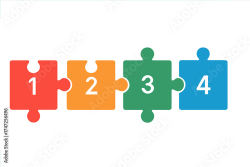 Puzzle infographic with 4 steps. Jigsaw pieces for business presentation. Process diagram vector. Workflow, sequence, teamwork concept. Connection and solution metaphor.
