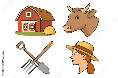 Farm and agriculture icon set. Vector collection with farmer woman, red barn, cow head, pitchfork and shovel. Rural life cartoon elements. Isolated farming illustration.