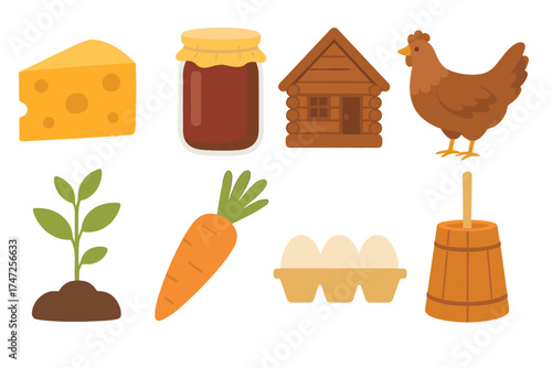 Farm food vector icon set. Homesteading and homemade organic products collection. Illustrations of cheese, jam, eggs, chicken, carrot, plant, butter churn and a rustic cabin.