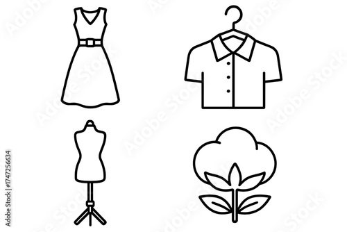 Fashion and garment vector icon set. Clothing line art symbols. Dress, shirt on hanger, tailor mannequin and cotton plant. Natural fabric concept. Apparel design illustration.