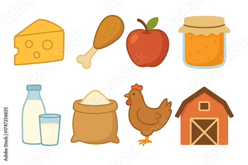 Farm fresh food icon set. Vector collection of agriculture and homestead symbols. Natural, organic homemade products illustration. Includes cheese, milk, chicken, apple, jam.
