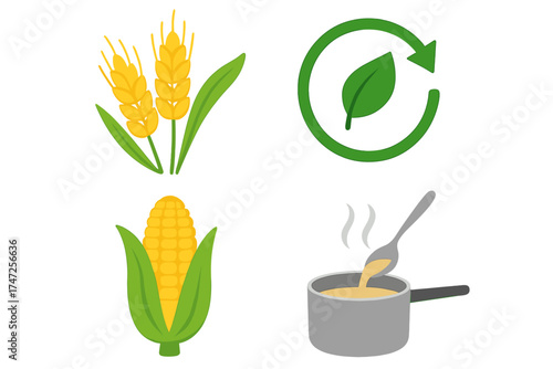 Agriculture and cooking vector icon set. Wheat, corn crop, eco symbol, hot soup. Concept of organic food, sustainable farming, harvest, natural meal preparation, healthy eating.