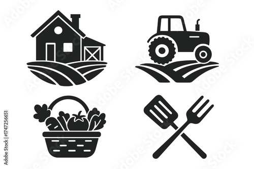 Homestead and agriculture vector icons. Farmhouse, tractor, vegetable basket, and kitchen utensils. Concepts for rural life, gardening, harvest, and fresh farm-to-table food.