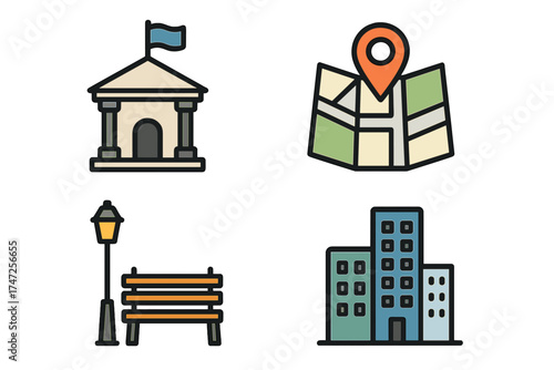 City life icon set with municipal building, map navigation, park bench, and downtown skyscrapers. Urban vector symbols for real estate, travel, and local government concepts.