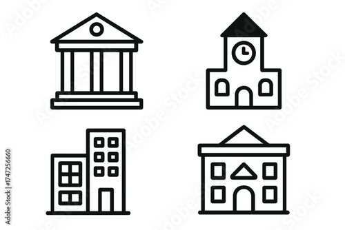 Building line icon set. Government, bank, and real estate symbols. Vector collection of city architecture, courthouse, school, and town hall for graphic design projects.