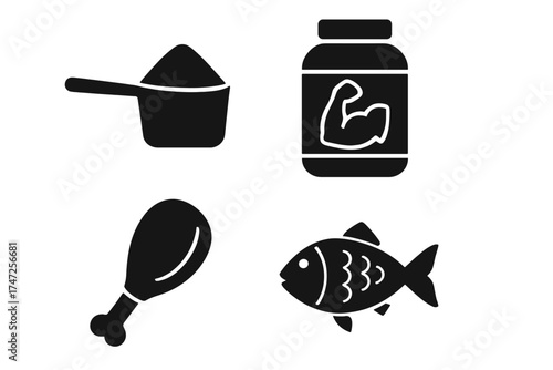 Protein sources vector icon set. Natural food and sport supplement symbols. Fish, chicken leg, whey powder scoop, muscle gainer tub. Bodybuilding, fitness, diet concept.