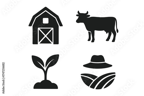 Farm and agriculture icon set vector. Collection of farming symbols: barn, cow, plant sprout, and farmer field logo. Organic food, ranch life, and natural production concept.