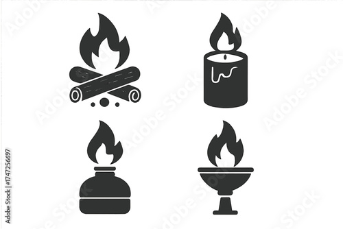 Fire icon set vector collection. Campfire, candle, alcohol burner, and ceremonial torch symbols. Flame and light source silhouettes for design. Flat simple glyph icons.