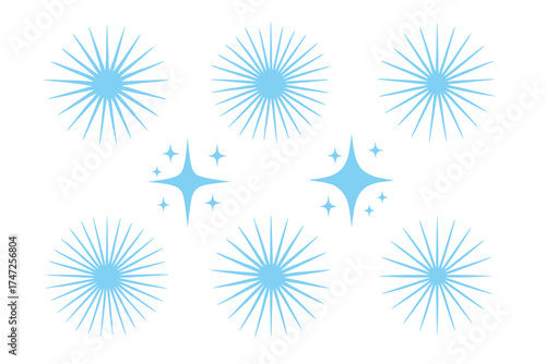 Set of blue sparkles and starburst vector icons. Shine, flash, and glow effect symbols. Clean and fresh concept for design. Magical glitter elements collection isolated.