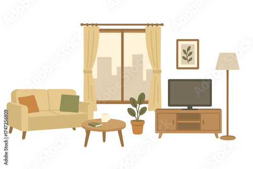 Living room interior. Modern apartment furniture. Home background. Cozy room with sofa, tv and window. House inside view. Flat cartoon vector illustration for lifestyle concept.