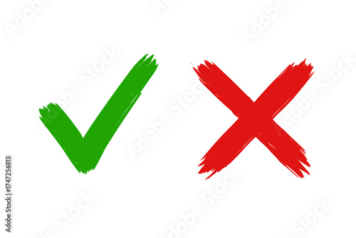 Green check mark and red cross brush signs. Yes and No grunge icons isolated on white background. Simple hand drawn graphic design elements. Tick and X symbols for vote.