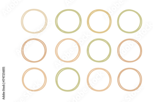 Big set of hand drawn circle frames. Collection of round borders in pastel earth tones. Boho minimalist vector design elements. Doodle sketch for social media highlight covers.