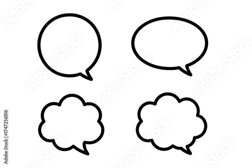 Speech bubble and thought bubble vector icon set. Comic dialogue box collection for communication, chat, and messages. Simple black and white outline design element isolated.