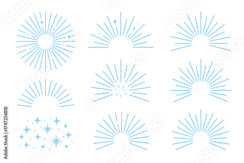 Set of hand-drawn sunbursts and stars. Vector illustration of light rays, sunrise, sunset, and sparkles. Minimalist boho celestial design elements for logos and decoration.