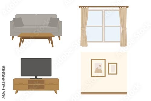 Living room furniture set for modern home interior design. Vector illustration of a sofa, coffee table, TV stand with television, window with curtains, and wall art.