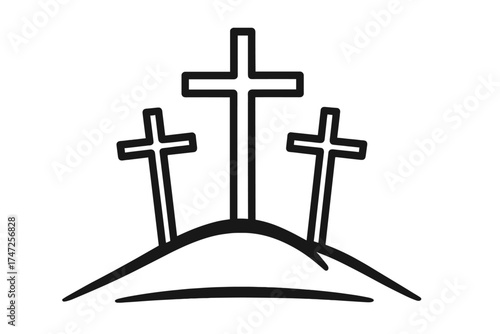 Three crosses on Calvary hill icon. Good Friday, Easter symbol. Christian religious vector illustration. Jesus Christ crucifixion, sacrifice, and salvation concept. Black line art.