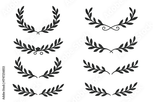 Set of laurel wreaths and olive branch dividers. Vector collection of black silhouette frames for award, victory, and certificate. Classic greek or roman decorative elements.