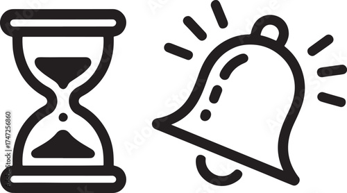 Black icons of an hourglass and a ringing bell on white background time sand