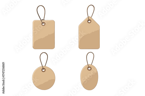 Set of realistic 3D kraft paper price tags. Blank cardboard labels with strings for retail and shopping. Vector mockup for sale, discount, product branding and marketing.