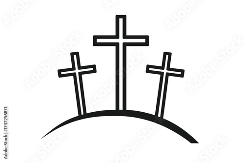 Three crosses on Calvary hill, symbol of the crucifixion of Jesus Christ. Good Friday and Easter religious vector concept. Christian faith, salvation, and sacrifice icon.