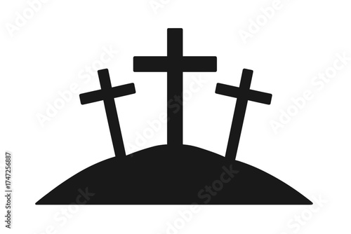 Three crosses on Golgotha hill silhouette. Symbol of the crucifixion of Jesus Christ. Christian religious concept for Easter and Good Friday. Vector illustration of faith and salvation.