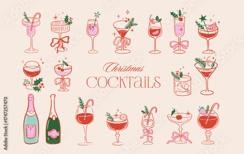 Christmas cocktail party hand-drawn vintage illustrations