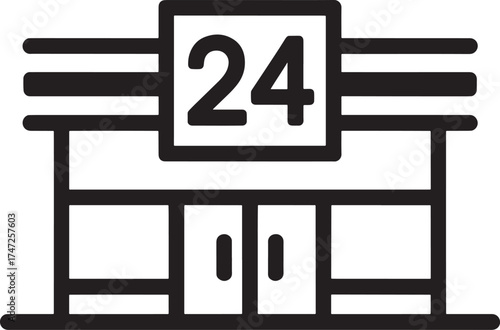 Black outline icon of a store with 24 hour sign on white background shop building