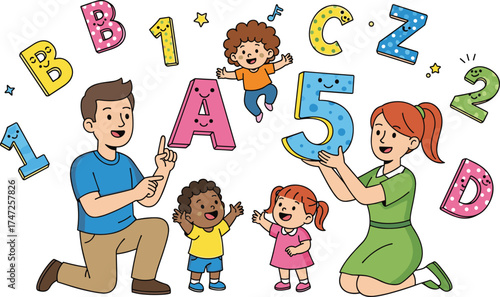 Children and teachers learning with animated letters and numbers, fun educational activity, playful classroom, early childhood education