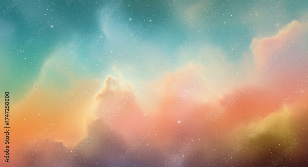 Fototapeta premium Abstract Watercolor Nebula: Dreamy Pastel Sky with Soft Clouds and Subtle Stars.