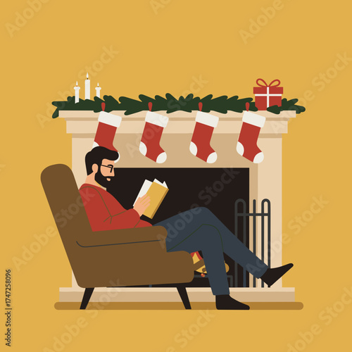 Man reading book while relaxing in armchair by Christmas fireplace  