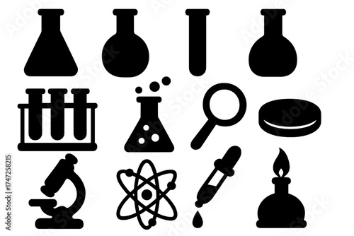 Science lab icon set. Collection of laboratory equipment silhouettes for chemistry, biology, and research. Vector illustration for education, experiment, and discovery concepts.
