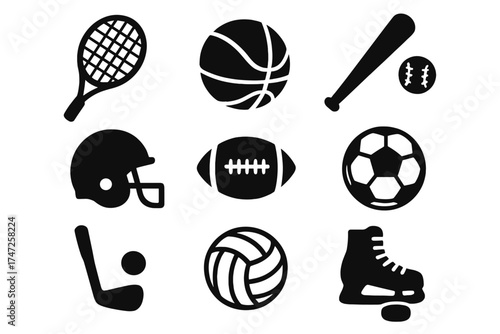 Set of black silhouette sport icons. Vector collection of popular sports equipment, gear and balls for various athletic activities. Tennis, basketball, baseball, football, soccer.