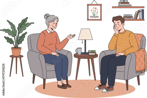 Cozy conversation, two people talking, warm room, armchairs, coffee table, books, lamp, indoor scene, emotional moment