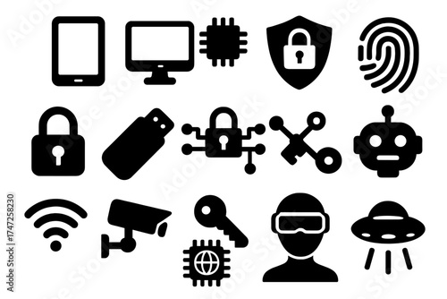 Technology and cybersecurity icon set. Vector collection of futuristic elements like robot, AI, data protection, privacy, biometrics, surveillance camera, and network security.