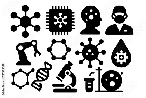 Nanotechnology and science icon set. Vector symbols for biology, medical research. Includes molecule, virus, dna, atom, microscope, robot arm, microchip. Laboratory concept.