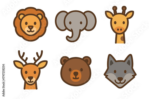 Cute animal icon set with wildlife faces. Includes lion, elephant, giraffe, deer, bear, and wolf characters. Vector cartoon illustration for kids, nursery, zoo, or stickers.