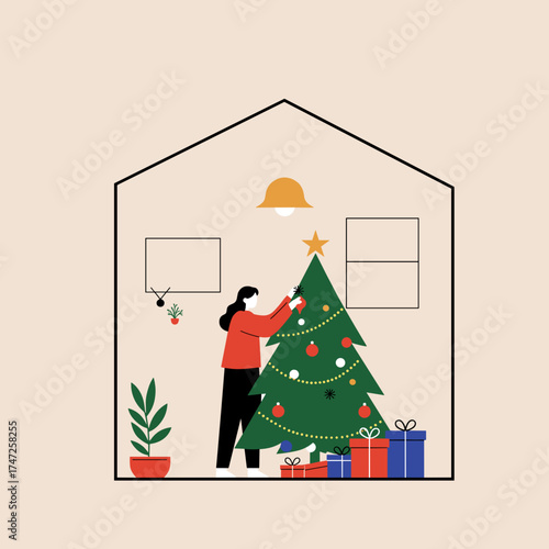 Woman decorating Christmas tree with ornaments and gifts indoors  