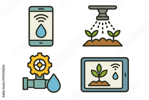Smart irrigation technology vector icon set for efficient farming. Automated water management system, remote control via phone and tablet for agriculture and crop growth.