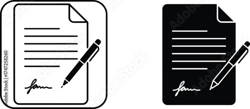 Document signing icons, outline and solid versions with pen and signature, legal contract, official paperwork, business illustration