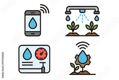 Set of smart irrigation technology icons for water management and efficient farming. Vector concept for precision agriculture, automated watering, mobile control, smart farm system.