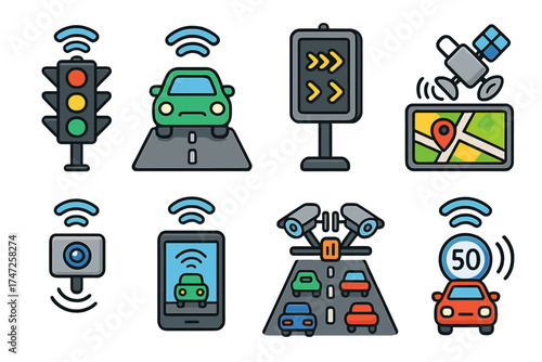 Smart traffic technology icon set for modern transportation systems. Vector cartoon illustrations of autonomous car, GPS navigation, surveillance camera, and intelligent traffic control.