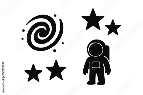 Space icon set with astronaut, spiral galaxy, and stars. Black silhouette collection for cosmic and astronomy themes. Vector cartoon illustration for science and exploration.