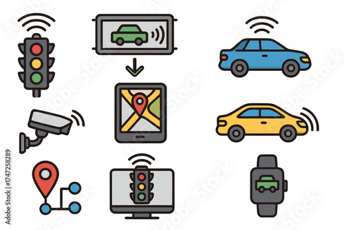 Smart traffic technology icon set. Innovations for modern transport systems. Vector cartoon icons for autonomous cars, gps navigation, cctv, traffic light control, and IoT concept.
