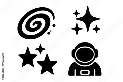 Space icons set with galaxy, stars, and astronaut silhouette. Vector cartoon illustration of cosmic exploration concept, astronomy science symbols, and universe graphic elements.